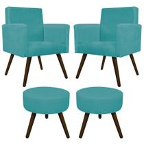Kit 02 Poltrona Cadeira Decorativa Arenzza e 02 Puff Sofia Palito Tabaco Suede Azul Turquesa - DAMAFFÊ MÓVEIS Kit 02 Poltrona Cadeira Decorativa Arenzza e 02 Puff Sofia Palito Tabaco Suede Azul Turquesa - DAMAFFÊ MÓVEIS