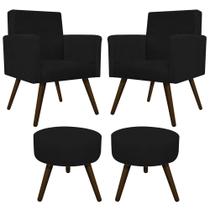 Kit 02 Poltrona Cadeira Decorativa Arenzza e 02 Puff Sofia Palito Tabaco Suede Preto - DAMAFFÊ MÓVEIS