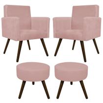 Kit 02 Poltrona Cadeira Decorativa Arenzza e 02 Puff Sofia Palito Tabaco Suede Rosê - DAMAFFÊ MÓVEIS