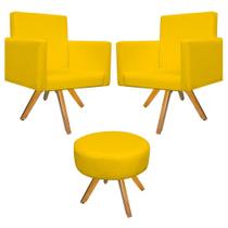 Kit 02 Poltrona Cadeira Decorativa Arenzza e Puff Sofia Base Giratória de Madeira Corano Amarelo - KDAcanto Móveis