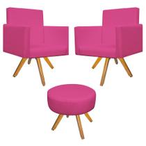 Kit 02 Poltrona Cadeira Decorativa Arenzza e Puff Sofia Base Giratória de Madeira Corano Pink - KDAcanto Móveis