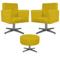 Kit 02 Poltrona Cadeira Decorativa Arenzza e Puff Sofia Base Giratória de Metal Suede Amarelo - KDAcanto Móveis