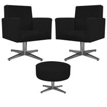 Kit 02 Poltrona Cadeira Decorativa Arenzza e Puff Sofia Base Giratória de Metal Suede Preto - DAMAFFÊ MÓVEIS