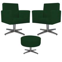 Kit 02 Poltrona Cadeira Decorativa Arenzza e Puff Sofia Base Giratória de Metal Suede Verde - KDAcanto Móveis