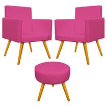 Kit 02 Poltrona Cadeira Decorativa Arenzza e Puff Sofia Palito Mel Corano Pink - DAMAFFÊ MÓVEIS