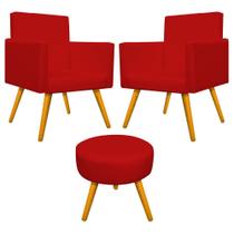 Kit 02 Poltrona Cadeira Decorativa Arenzza e Puff Sofia Palito Mel Corano Vermelho - DAMAFFÊ MÓVEIS
