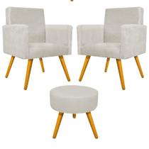 Kit 02 Poltrona Cadeira Decorativa Arenzza e Puff Sofia Palito Mel Suede Bege - DAMAFFÊ MÓVEIS