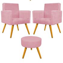 Kit 02 Poltrona Cadeira Decorativa Arenzza e Puff Sofia Palito Mel Suede Rosa Bebê - DAMAFFÊ MÓVEIS
