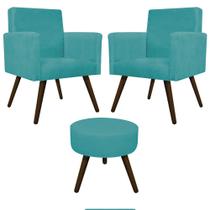 Kit 02 Poltrona Cadeira Decorativa Arenzza e Puff Sofia Palito Tabaco Suede Azul Turquesa - DAMAFFÊ MÓVEIS