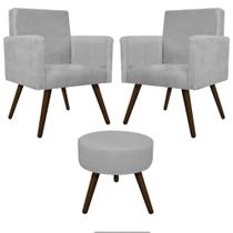 Kit 02 Poltrona Cadeira Decorativa Arenzza e Puff Sofia Palito Tabaco Suede Cinza - DAMAFFÊ MÓVEIS