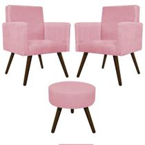 Kit 02 Poltrona Cadeira Decorativa Arenzza e Puff Sofia Palito Tabaco Suede Rosa Bebê - DAMAFFÊ MÓVEIS