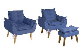 Kit 02 Poltrona/Cadeira Decorativa E Puff Glamour Azul Marinho Com Pés Quadrado