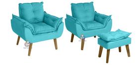 Kit 02 Poltrona/Cadeira Decorativa E Puff Glamour Azul Turquesa Com Pés Quadrado