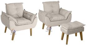 Kit 02 Poltrona/Cadeira Decorativa E Puff Glamour Bege Com Pés Quadrado