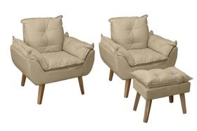 Kit 02 Poltrona/Cadeira Decorativa E Puff Glamour Bege Linho Com Pés Quadrado