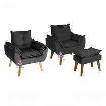 Kit 02 Poltrona/cadeira Decorativa E Puff Glamour Com Pés Quadrado Preto