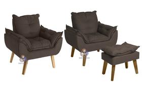 Kit 02 Poltrona/Cadeira Decorativa E Puff Glamour Marrom Com Pés Quadrado