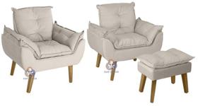 Kit 02 Poltrona/Cadeira Decorativa E Puff Glamour Opala Bege Com Pés Quadrado
