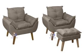 Kit 02 Poltrona/Cadeira Decorativa E Puff Glamour Opala Capuccino Com Pés Quadrado
