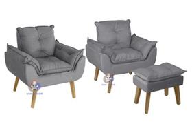 Kit 02 Poltrona/Cadeira Decorativa E Puff Glamour Opala Cinza Com Pés Quadrado - SMF Decor
