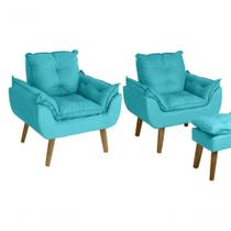 Kit 02 Poltrona/cadeira Decorativa E Puff Glamour Opala Com Pés Quadrado Azul Turquesa