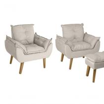 Kit 02 Poltrona/cadeira Decorativa E Puff Glamour Opala Com Pés Quadrado Bege