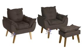 Kit 02 Poltrona/Cadeira Decorativa E Puff Glamour Opala Marrom Com Pés Quadrado