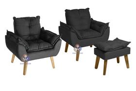Kit 02 Poltrona/Cadeira Decorativa E Puff Glamour Opala Preto Com Pés Quadrado