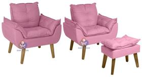 Kit 02 Poltrona/Cadeira Decorativa E Puff Glamour Opala Rosê Com Pés Quadrado