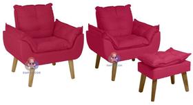 Kit 02 Poltrona/Cadeira Decorativa E Puff Glamour Opala Vermelho Com Pés Quadrado