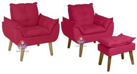 Kit 02 Poltrona/Cadeira Decorativa E Puff Glamour Vermelho Com Pés Quadrado
