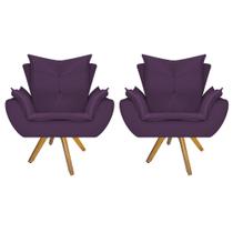 kit 02 Poltrona Cadeira Decorativa Fenzzi Base Giratória de Madeira Suede Roxo - DAMAFFÊ MÓVEIS