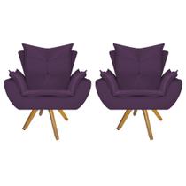 kit 02 Poltrona Cadeira Decorativa Fenzzi Base Giratória de Madeira Suede Roxo - KDAcanto Móveis