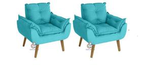 Kit 02 Poltrona/Cadeira Decorativa Glamour Azul Turquesa Com Pés Quadrado