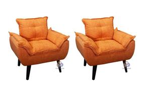 Kit 02 Poltrona/Cadeira Decorativa Glamour Laranja Linho Com Pés Quadrado