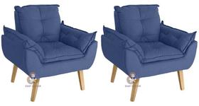 Kit 02 Poltrona/Cadeira Decorativa Glamour Opala Azul Marinho Com Pés Quadrado