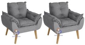 Kit 02 Poltrona/Cadeira Decorativa Glamour Opala Cinza Com Pés Quadrado - Cinza