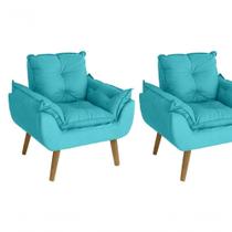 Kit 02 Poltrona/cadeira Decorativa Glamour Opala Com Pés Quadrado Azul Turquesa