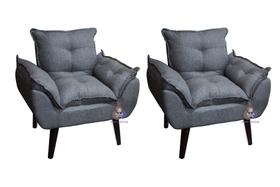 Kit 02 Poltrona/Cadeira Decorativa Glamour Opala Grafite Linho Com Pés Quadrado