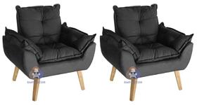Kit 02 Poltrona/Cadeira Decorativa Glamour Opala Preto Com Pés Quadrado