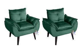 Kit 02 Poltrona/Cadeira Decorativa Glamour Opala Veludo Verde Com Pés Quadrado