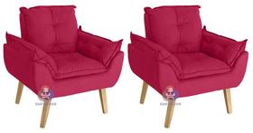 Kit 02 Poltrona/Cadeira Decorativa Glamour Opala Vermelho Com Pés Quadrado