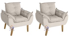 Kit 02 Poltrona/Cadeira Decorativa Opala Glamour Bege Com Pés Quadrado - Bege Kit 02 Poltrona/Cadeira Decorativa Opala Glamour Bege Com Pés Quadrado - Bege