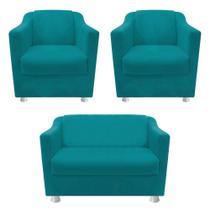 kit 02 Poltrona Cadeira e 01 Namoradeira Babel Recepção Sala de Estar Suede Azul Turquesa - KDAcanto Móveis