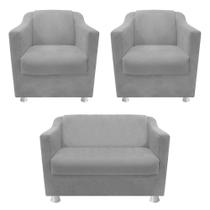 kit 02 Poltrona Cadeira e 01 Namoradeira Babel Recepção Sala de Estar Suede Cinza - DAMAFFÊ MÓVEIS