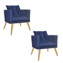 Kit 02 Poltrona Cadeira Lucia Confort Com almofada Sala Recepção Escritório Pé Madeira Suede Azul Marinho - KDAcanto Móveis
