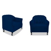 Kit 02 Poltrona Cadeira Sofá Julia com Botonê Pés Luiz XV para Sala de Estar Recepção Quarto Escritório Sintético Azul Marinho - AM Decor