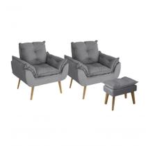 Kit 02 Poltrona Decorativa Confortável Com Puff Glamour Opala Com Pés Quadrado Cinza Kit 02 Poltrona Decorativa Confortável Com Puff Glamour Opala Com Pés Quadrado Cinza