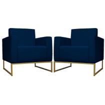 Kit 02 Poltrona Decorativa Leticia Slim Base Metal belo tok Suede Azul Marinho