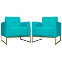 Kit 02 Poltrona Decorativa Leticia Slim Base Metal belo tok Suede Azul Turquesa